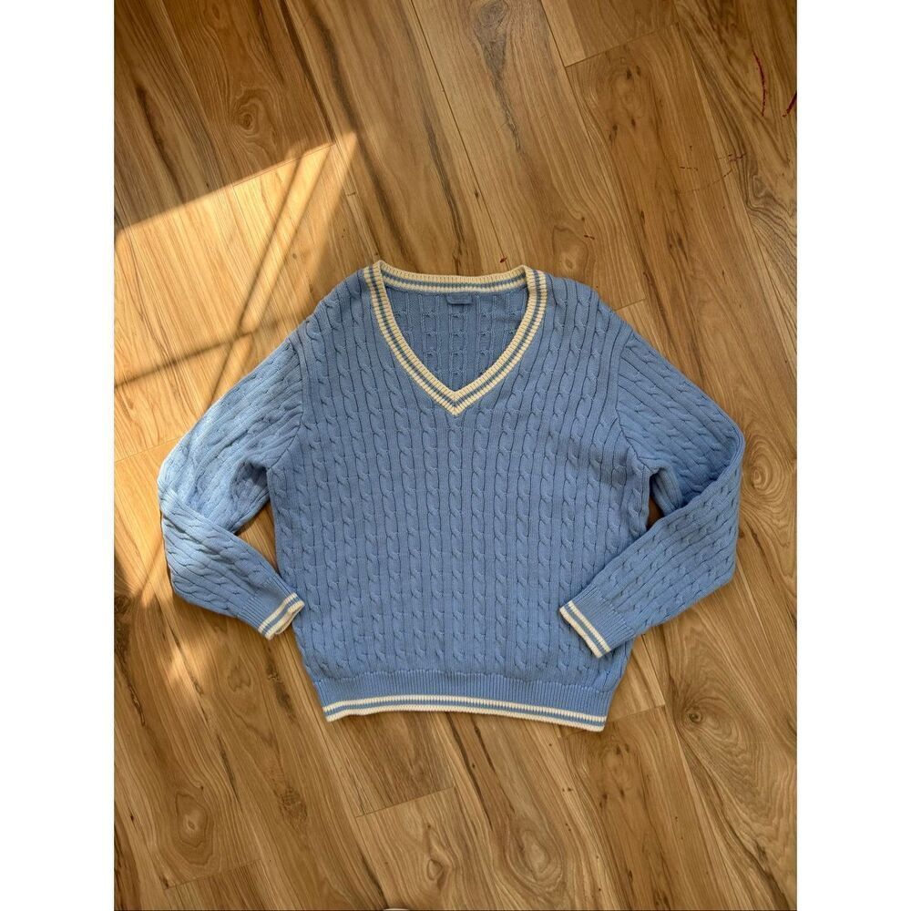 Brandy Melville John Galt Women Blue V-Neck Cable Knit Pullover Sweater One Size
